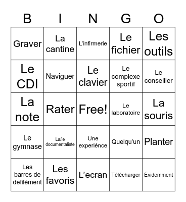 French Internet Vocab Bingo Card