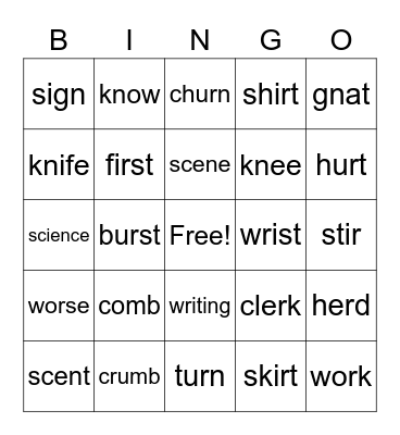 r-controlled and silent letters Bingo Card