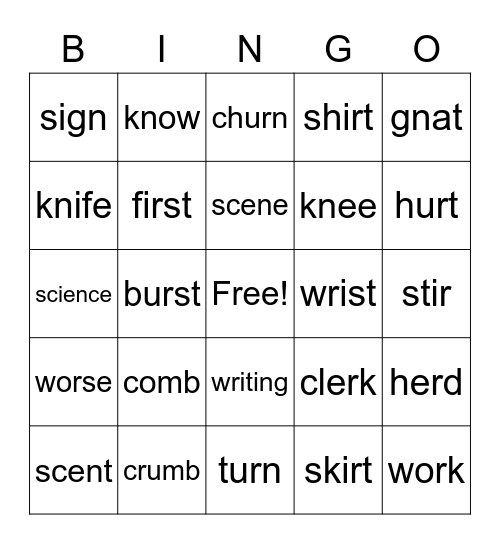 r-controlled and silent letters Bingo Card