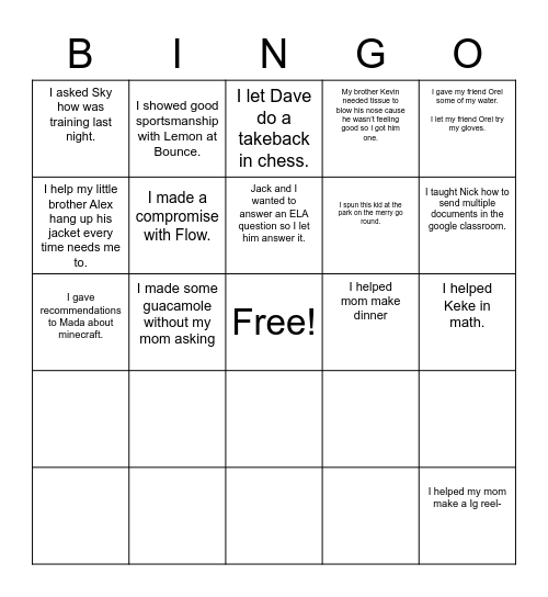 RELATIONSHIP BINGO Card