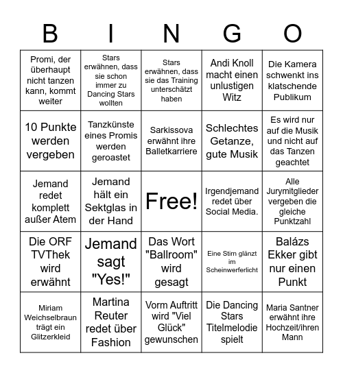 Dancing Stars Bingo Card