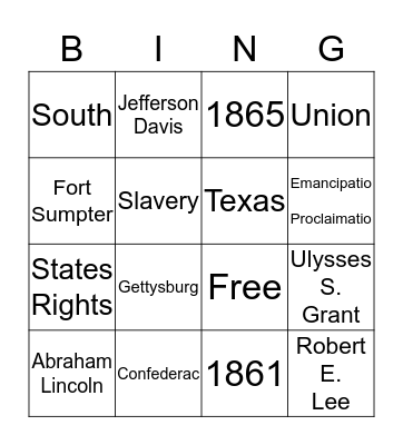 Civil War Bingo Card