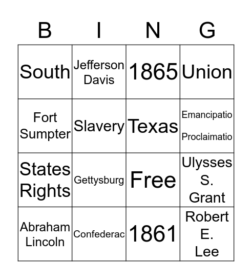 Civil War Bingo Card