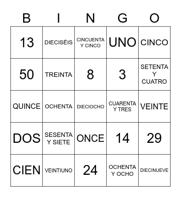 NÚMEROS HASTA 100 Bingo Card