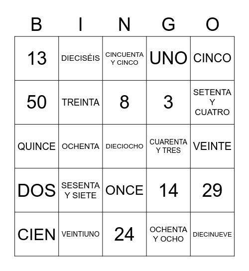 NÚMEROS HASTA 100 Bingo Card