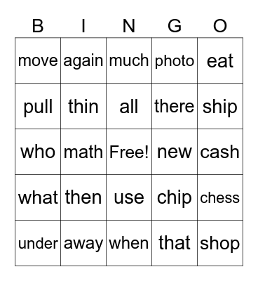sight words and digraphs Bingo Card