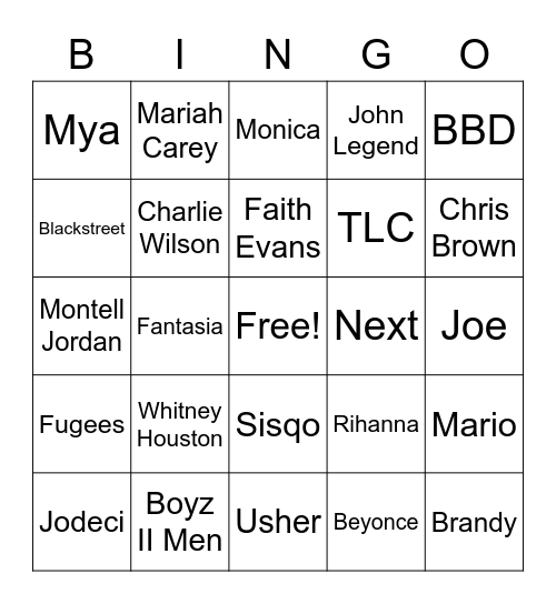 Greatest R&B Bingo Card