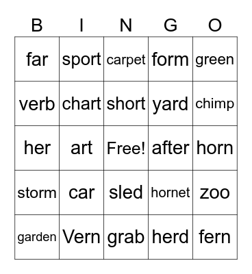 R-Controlled Bingo Card