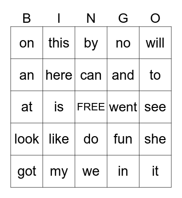 Sight Word Bingo Card