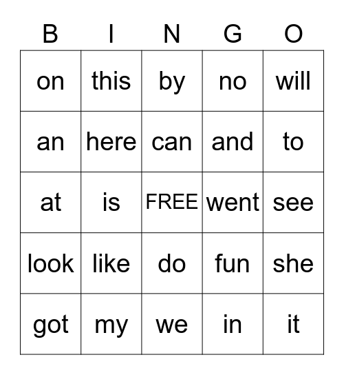 Sight Word Bingo Card