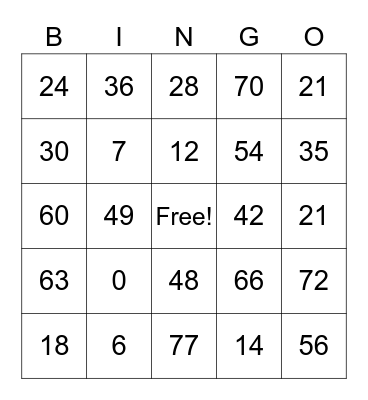 Multiplication 6 & & Bingo Card