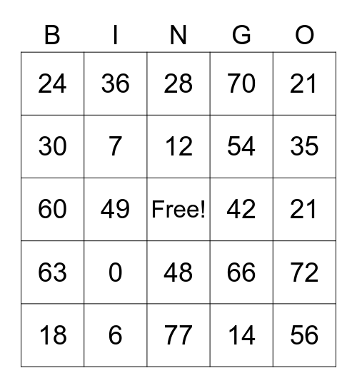 Multiplication 6 & & Bingo Card