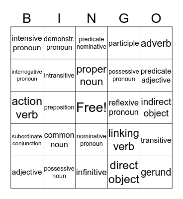 Parts of Speech Bingo Card