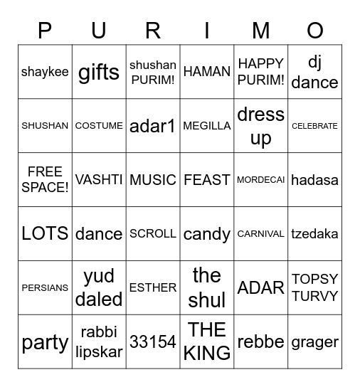 Happy Purim! Bingo Card