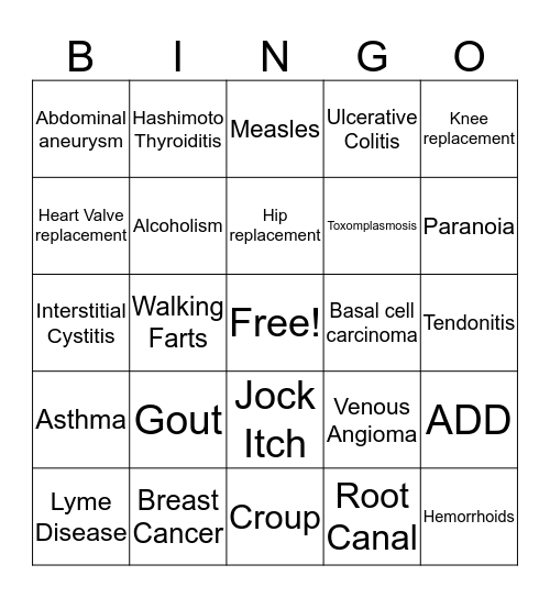 Charles Family Disease Bingo 2015 Bingo Card