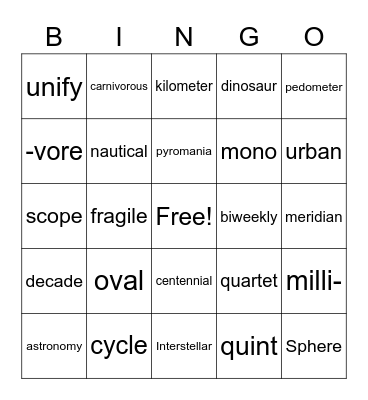 Word Cells 1-10 Bingo Card