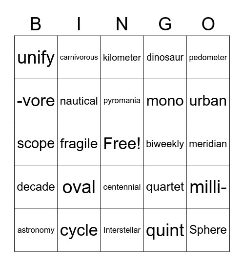 Word Cells 1-10 Bingo Card