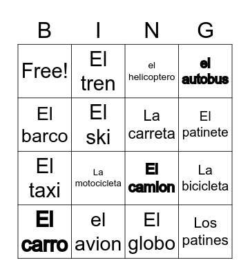 El Transporte Bingo Card