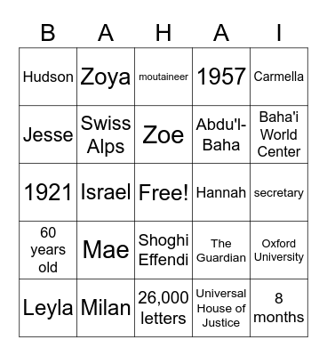 Shoghi Effendi Bingo Card