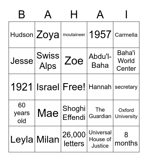 Shoghi Effendi Bingo Card