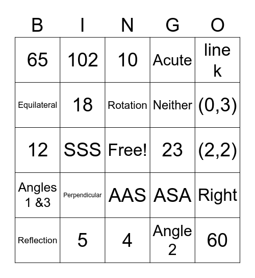 Geometry Midterm Review Bingo Card