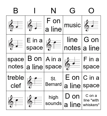 Treble Clef Note Bingo Card