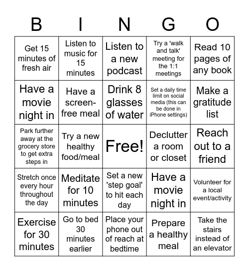 March Wellness activities Bingo Card