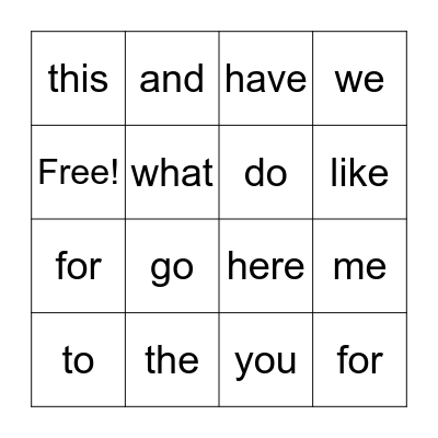 sight words Bingo Card