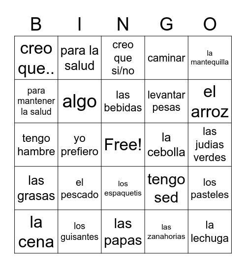 Spanish 1.2 - Unidad 3B Vocabulario Bingo Card
