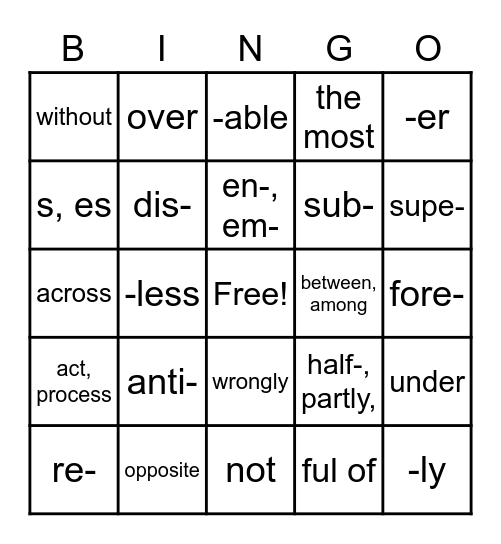 Common Prefixes & Suffixes Round 1 Bingo Card