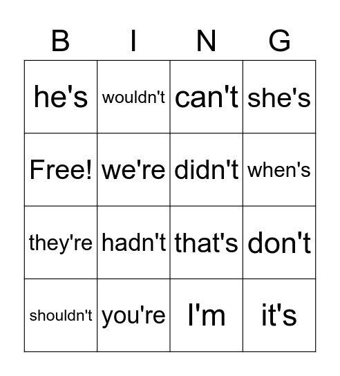 Contraction Bingo Card