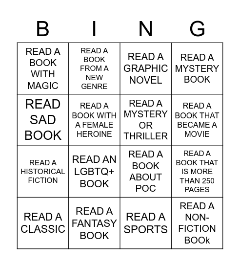 Reading Bingo Card