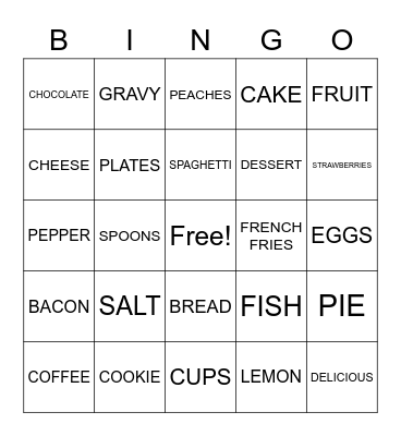 All Food Signs Bingo Card