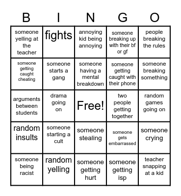 school chaos Bingo Card
