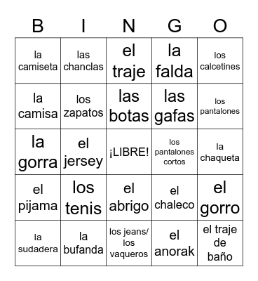 LA ROPA 1 Bingo Card