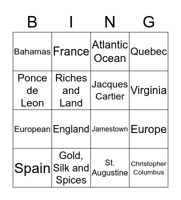 European Explorers  Bingo Card