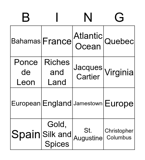 European Explorers  Bingo Card