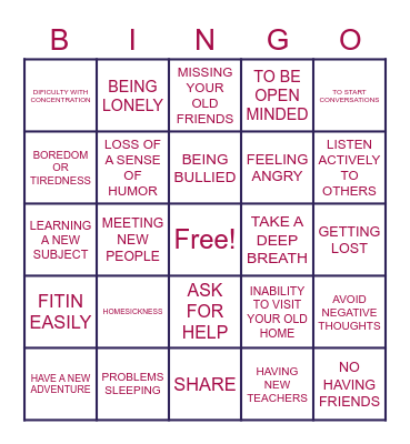 Problems new students face Bingo Card