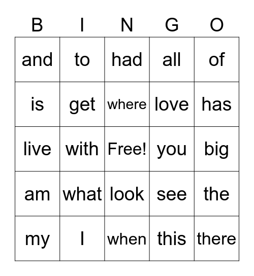 Power Word Bingo Card