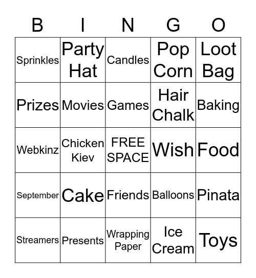 Natalie's Birthday Party!! Bingo Card