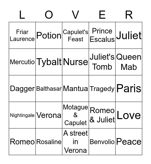 Romeo & Juliet Love Squares Bingo Card