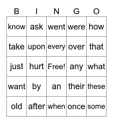 Sight Words Bingo Card