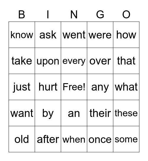 Sight Words Bingo Card