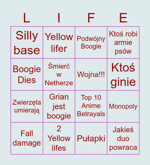 Limited Life Bingo Card