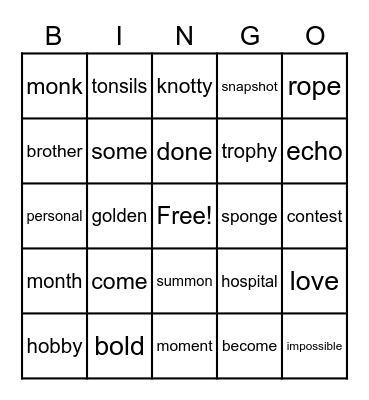 'o' Spelling Bingo Card