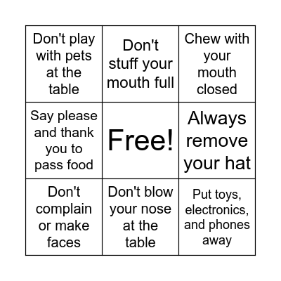 Table Manners Bingo Card