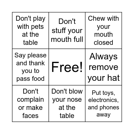 Table Manners Bingo Card