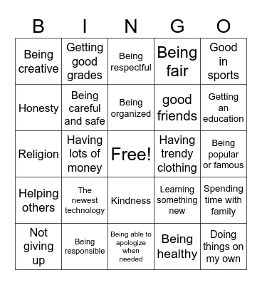 My Values Bingo Card