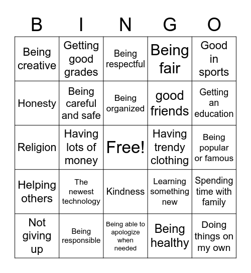 My Values Bingo Card