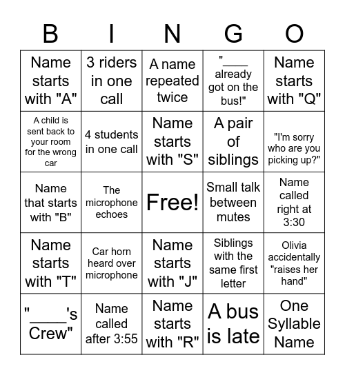 Dismissal Bingo! Bingo Card